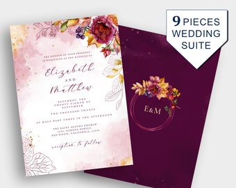 Marsala Monogram Wedding Invitation Template, Floral Fall Wedding Invitation Suite, Watercolor Wedding Invitation Kit Template Download
