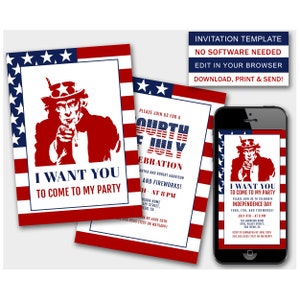 4th of July Party Invitation Template, Independence Day Party Uncle Sam Red White Blue, Phone 4th of July Celebration Digital Invite