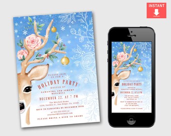 Digitale Weihnachten Einladung Vorlage, Aquarell Hirsch Blumen Geweih niedlich Stechpalme Einladung, Urlaub Party einladen Smartphone iPhone einladen
