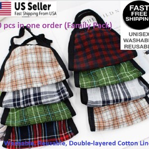 May include: Ten plaid face masks in a family pack. The masks are made of double-layered cotton linen and are washable and reusable.  The masks are in various colors, including red, green, blue, and white.