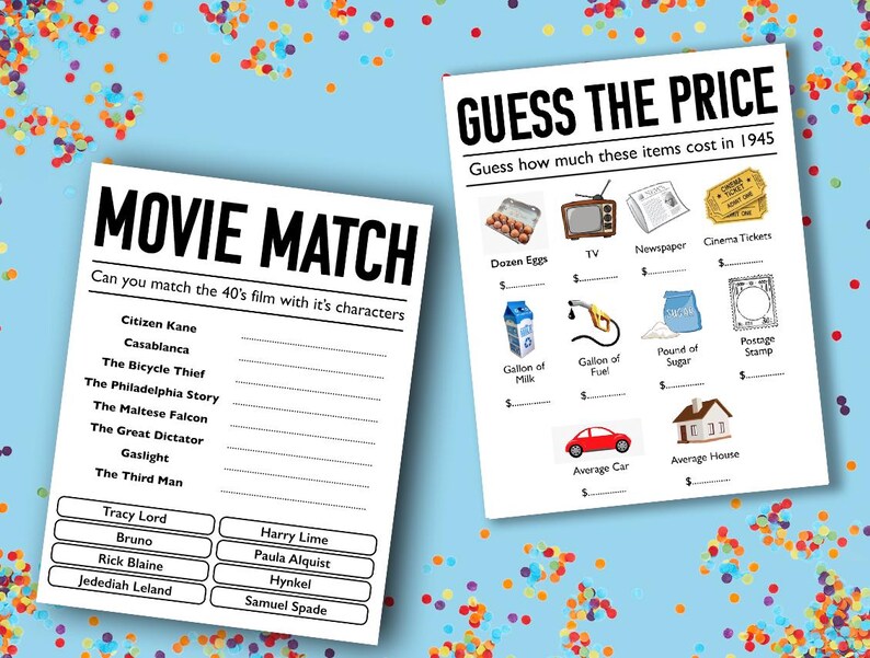 May include: Two printable game cards. The first card is a movie match game with a list of classic films from the 1940s and a list of characters from those films. The second card is a guess the price game with a list of items and their prices in 1945.