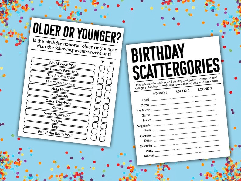 May include: Two printable game cards for a birthday party. The first card is a "Older or Younger?" game with a list of events and inventions. The second card is a "Birthday Scattergories" game with a list of categories and spaces for players to write answers.