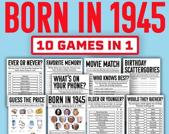 Pode incluir: Um conjunto de 10 jogos imprimíveis para uma festa de aniversário para alguém nascido em 1945. Os jogos incluem "Já ou nunca?", "Memória favorita", "Combinação de filmes", "Quem sabe melhor?", "O que está no seu telefone?", "Adivinhe o preço", "Nascido em 1945", "Mais velho ou mais novo?", "Scattergories de aniversário" e "Prefere?"