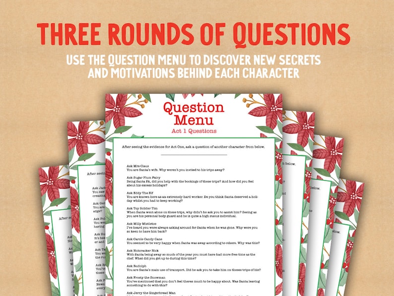 Pu&ograve; includere: Un gioco stampabile a tema natalizio. Il gioco si chiama "Three Rounds of Questions" e presenta un menu di domande con un design floreale di stella di Natale rossa. Il gioco &egrave; progettato per aiutare i giocatori a scoprire nuovi segreti e motivazioni dietro ogni personaggio.