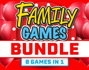 May include: A red background with red balloons and a white banner with the text "FAMILY GAMES BUNDLE 8 GAMES IN 1" in yellow, blue, and red letters.