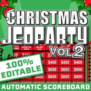 May include: A Christmas Jeopardy game board with a green and red color scheme. The title "Christmas Jeopardy VOL 2" is displayed prominently. The board includes categories and dollar amounts, with the text "100% Editable" and "Automatic Scoreboard".