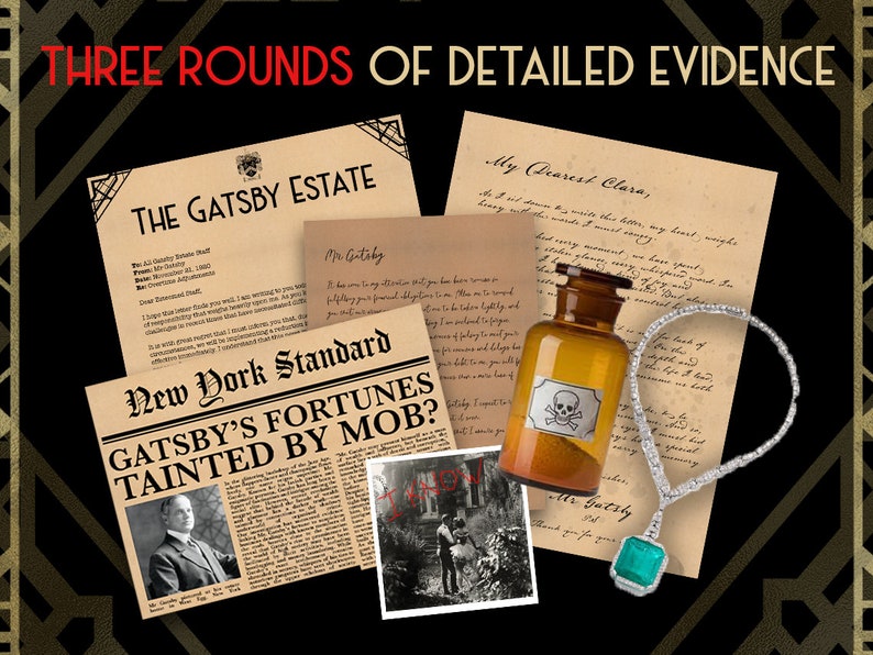 Puede incluir: Una colecci&oacute;n de pruebas relacionadas con la finca de Gatsby, que incluye un art&iacute;culo de peri&oacute;dico titulado "&iquest;Las fortunas de Gatsby manchadas por la mafia?", una carta dirigida a "Mi querid&iacute;sima Clara", una botella de veneno con una etiqueta de calavera y huesos cruzados, un collar de diamantes y una fotograf&iacute;a de un hombre en un bosque.