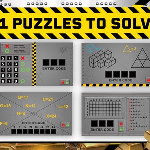 May include: A set of 11 puzzles to solve with a metal background and a yellow and black striped warning tape at the top. The puzzles include a number code, a geometric shape puzzle, and a letter grid puzzle. Each puzzle has a lock and key icon.