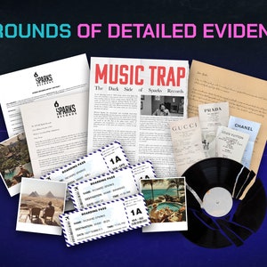 May include: A collection of evidence including a newspaper article titled "Music Trap: The Dark Side of Sparks Records", boarding passes, photographs, and receipts from luxury brands like Prada, Gucci, Chanel, and Louis Vuitton.