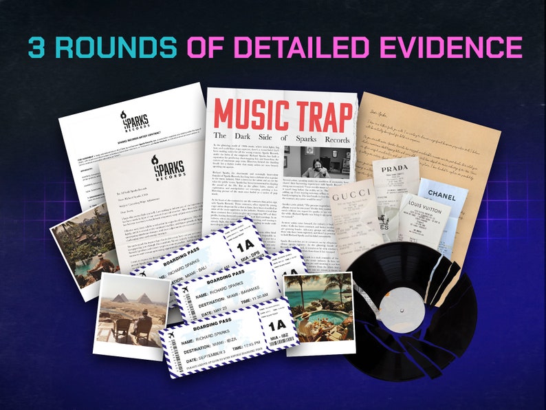 May include: A collection of evidence including a newspaper article titled "Music Trap: The Dark Side of Sparks Records", boarding passes, photographs, and receipts from luxury brands like Prada, Gucci, Chanel, and Louis Vuitton.
