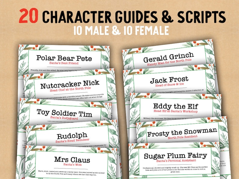 Pu&ograve; includere: Un set di 20 guide di personaggi e script stampabili per un'opera natalizia. Le guide presentano illustrazioni di personaggi come il migliore amico di Babbo Natale, lo chef principale del Polo Nord e l'elfo capo dell'officina di Babbo Natale.