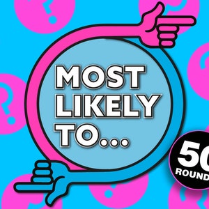 Pode incluir: Um círculo azul e rosa com o texto "MOST LIKELY TO..." em branco. Duas mãos apontando estão de cada lado do círculo. O fundo é azul com pontos de interrogação rosa. O texto "50 ROUNDS" está em branco sobre um círculo preto.