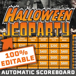 May include: A Halloween Jeopardy game board with orange and yellow text. The title "Halloween Jeopardy" is at the top. Categories include "Creepy Creatures" and "Witches & Magic". The board is 100% editable.