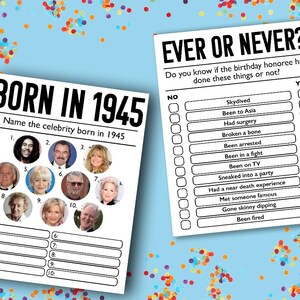 May include: A printable game for a birthday party. The game is called "Born in 1945" and asks players to name the celebrities born in 1945. The game also includes a "Ever or Never?" section with a list of questions about the birthday honoree.