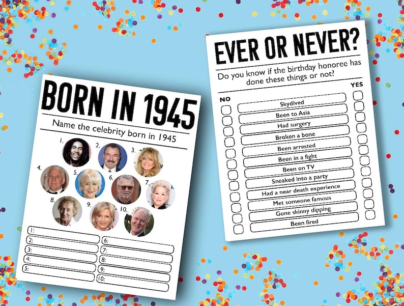 May include: A printable game for a birthday party. The game is called "Born in 1945" and asks players to name the celebrities born in 1945. The game also includes a "Ever or Never?" section with a list of questions about the birthday honoree.