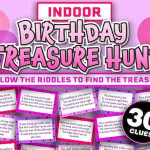 Juego de búsqueda del tesoro en interiores para niños // Pistas de la búsqueda del tesoro // Búsqueda del tesoro imprimible Búsqueda del tesoro de cumpleaños para adolescentes // Inside Tresure