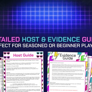 May include: A colorful guide for hosting a murder mystery game. The guide includes instructions for the host and evidence for the players. The title reads "Detailed Host & Evidence Guide Perfect for Seasoned or Beginner Players".