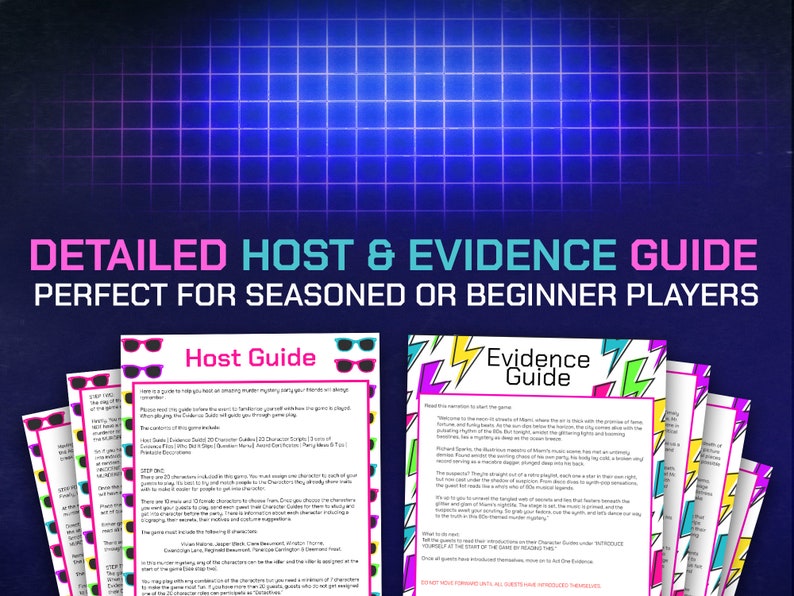 May include: A colorful guide for hosting a murder mystery game. The guide includes instructions for the host and evidence for the players. The title reads "Detailed Host & Evidence Guide Perfect for Seasoned or Beginner Players".