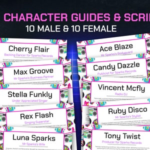 May include: A stack of colorful character cards with pink, white, and black backgrounds. Each card features a different character name, role, and description. The text on the cards includes "20 Character Guides & Scripts", "10 Male & 10 Female", "Cherry Flair", "Backing Dancer for Sparks Records", "Max Groove", "Mr Sparks's Business Partner", "Stella Funkly", "Under Appreciated Singer", "Rex Flash", "Singing Superstar", "Luna Sparks", "Mr Sparks's Wife", "Ace Blaze", "Mr Sparks's Bodyguard", "Candy Dazzle", "Publicist for Sparks Records", "Vincent Mcfly", "Radio DJ", "Ruby Disco", "Mr Sparks's Stylist", "Tony Twist", and "Producer for Sparks Records".