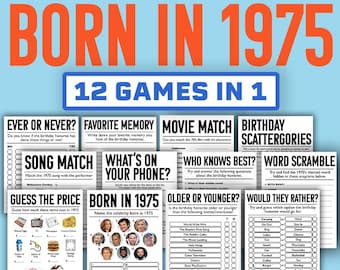 May include: A printable set of 12 games for a 1975-themed birthday party. The games include "Ever or Never?", "Favorite Memory", "Movie Match", "Birthday Scattergories", "Song Match", "What's on Your Phone?", "Who Knows Best?", "Word Scramble", "Guess the Price", "Born in 1975", "Older or Younger?", and "Would They Rather?"