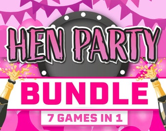 May include: Pink and white graphic with the text "HEN PARTY BUNDLE 7 GAMES IN 1" against a background of pink balloons and streamers.