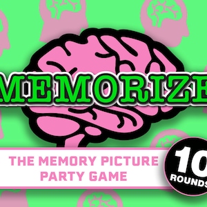 May include: A pink brain illustration with the word "MEMORIZE" in green letters. The text "THE MEMORY PICTURE PARTY GAME" is below the brain. A black circle with white text says "10 ROUNDS".