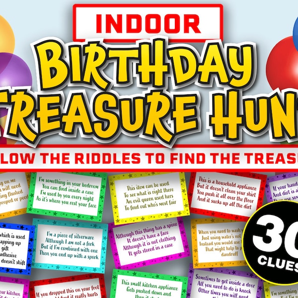 Indoor Treasure Hunt Game for Kids || Treasure Hunt Clues || Printable Scavenger Hunt Birthday Treasure Hunt for Teens || Inside Tresure