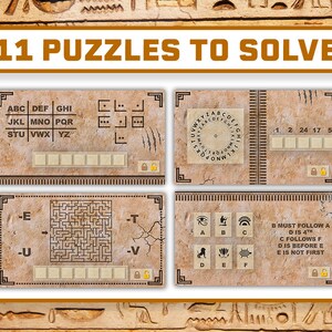 May include: A set of 11 puzzles to solve, each with a different theme. The puzzles include a letter grid, a maze, a cipher wheel, and a logic puzzle. Each puzzle has a lock icon next to it.