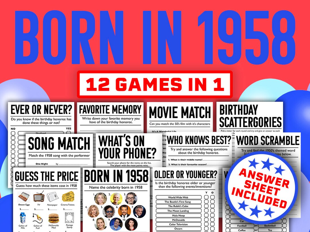 65th Birthday Party Games Born in 1958 Games Bundle Printable Games