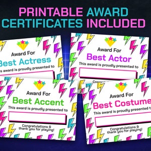 May include: Four printable award certificates with a lightning bolt pattern. The certificates are for Best Actress, Best Actor, Best Accent, and Best Costume. Each certificate has a space to write in the name of the recipient.