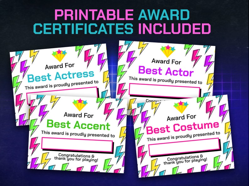 May include: Four printable award certificates with a lightning bolt pattern. The certificates are for Best Actress, Best Actor, Best Accent, and Best Costume. Each certificate has a space to write in the name of the recipient.