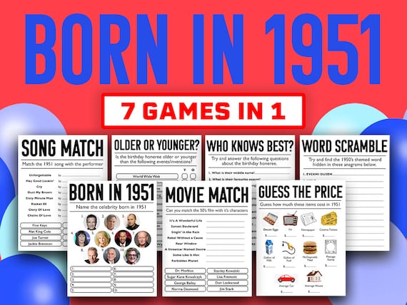 1951 Trivia Game 71st Birthday Games 71st Birthday Party Games 1951 Quiz Born In 1951 Games Bundle Printable Games