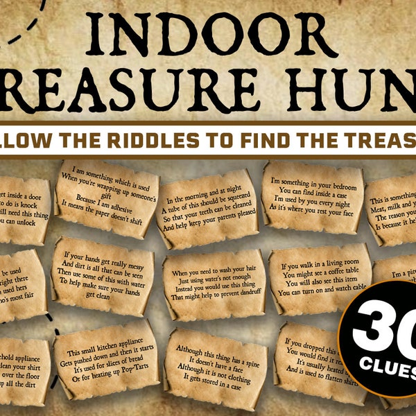 Indoor Treasure Hunt Game for Kids || Treasure Hunt Cards || Printable Scavenger Hunt Pirate Treasure Hunt for Teens || Inside Treasure