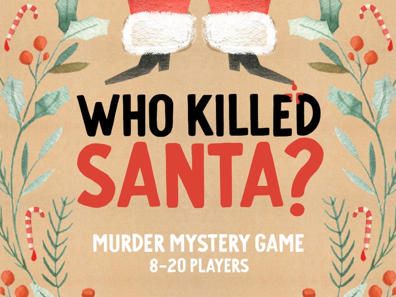 Pu&ograve; includere: Un gioco di mistero di omicidio a tema natalizio chiamato "Chi ha ucciso Babbo Natale?" con una canna di zucchero rosso e bianco, agrifoglio e bacche rosse su uno sfondo marrone. Il gioco &egrave; per 8-20 giocatori.