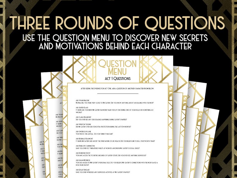 Puede incluir: Un men&uacute; de juego imprimible con un dise&ntilde;o art d&eacute;co dorado. El texto dice "Three Rounds of Questions" y "Use the question menu to discover new secrets and motivations behind each character". El men&uacute; incluye preguntas para un juego llamado "Act 1 Questions".