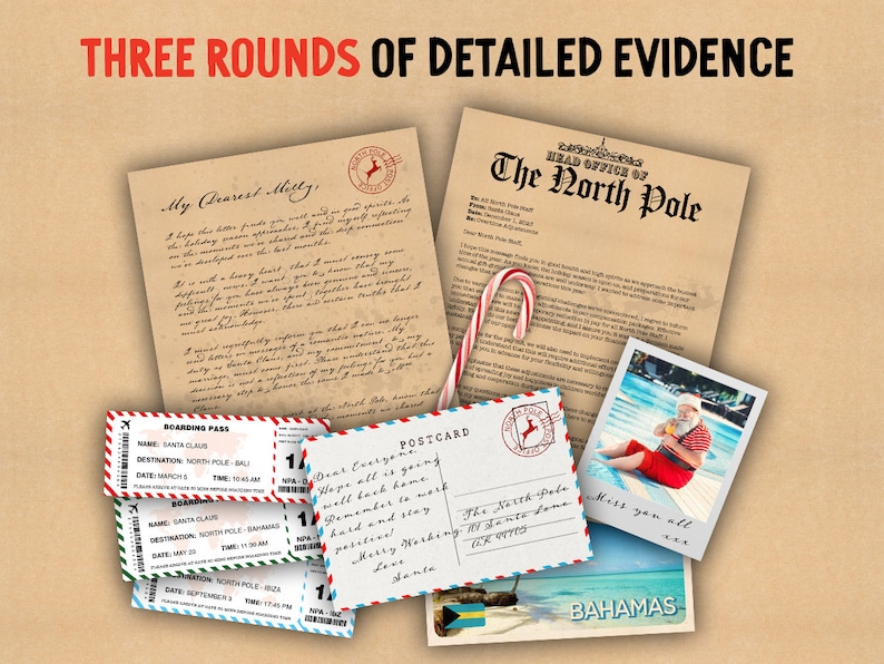 Pu&ograve; includere: Una collezione di prove che suggeriscono che Babbo Natale &egrave; reale, tra cui una lettera scritta a mano, carte d'imbarco, una cartolina e una foto di Babbo Natale alle Bahamas. La lettera &egrave; indirizzata a "Mia carissima Milly" e le carte d'imbarco sono per voli per il Polo Nord. La cartolina dice "Cari tutti, Spero che tutto vada bene a casa. Ricordatevi di essere forti e ordinati! Buon Natale dal Polo Nord Amore, Babbo Natale". La foto mostra Babbo Natale seduto a bordo piscina alle Bahamas.