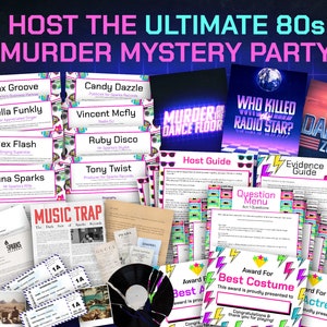 May include: A colorful 80s themed murder mystery party game with character cards, a host guide, question menu, evidence guide, and award certificates. The game includes the text "Who Killed the Radio Star?" and "Danger Zone".