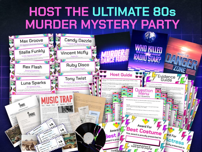 May include: A colorful 80s themed murder mystery party game with character cards, a host guide, question menu, evidence guide, and award certificates. The game includes the text "Who Killed the Radio Star?" and "Danger Zone".