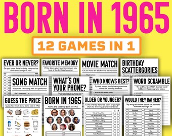 May include: A set of 12 printable games for a 1965 birthday party. The games include "Ever or Never?", "Favorite Memory", "Movie Match", "Birthday Scattergories", "Song Match", "What's on Your Phone?", "Who Knows Best?", "Word Scramble", "Guess the Price", "Born in 1965", "Older or Younger?", and "Would They Rather?"