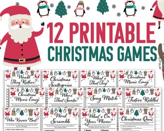 Pacchetto stampabile di 12 giochi di Natale // Giochi di feste di Natale per bambini // Pacchetto di giochi di giochi di Natale // Giochi di vacanza per famiglie virtuali