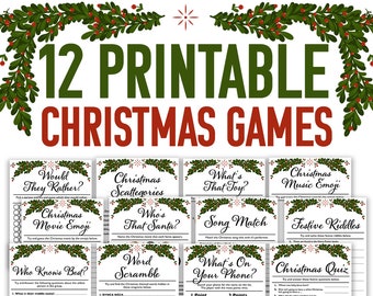 Pode incluir: Doze jogos de Natal imprimíveis com bordas festivas de azevinho verde. Os jogos incluem: Would They Rather, Christmas Movie Emoji, Who Knows Best, Christmas Scattegories, Who's That Santa, Word Scramble, What's That Toy, Song Match, Christmas Music Emoji, Festive Riddles, What's On Your Phone e Christmas Quiz.