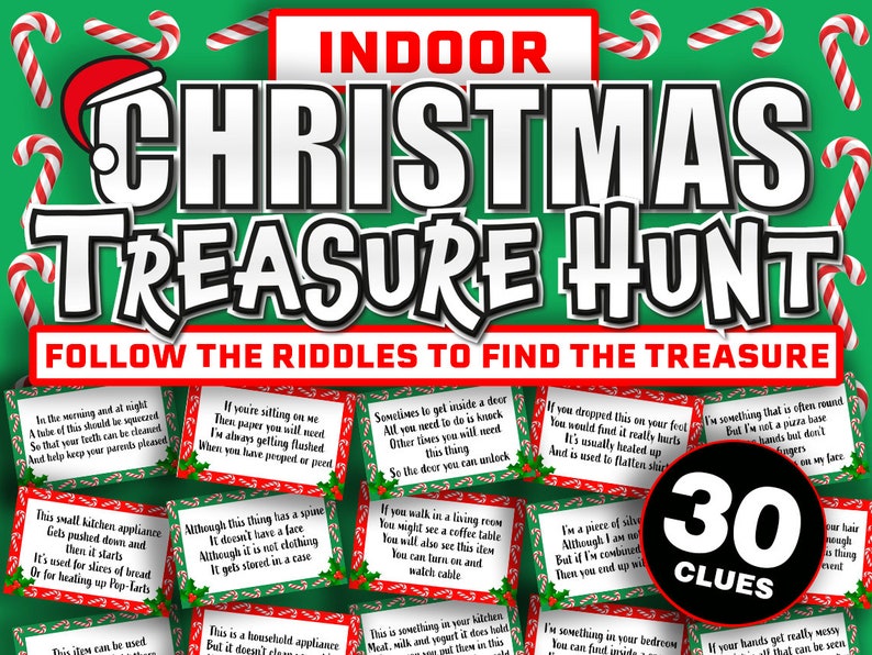 Indoor Christmas Treasure Hunt Game for Kids || Christmas Treasure Hunt Cards || Printable Christmas Scavenger Hunt Inside 