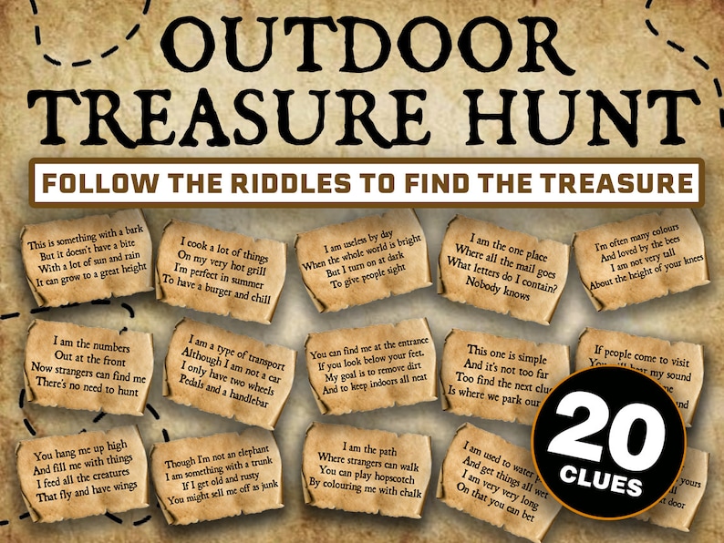 May include: A vintage-style treasure hunt game with 20 clues printed on parchment paper. The clues are written in a fun, rhyming style and are perfect for an outdoor adventure.