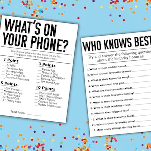 May include: Two printable game cards for a birthday party. The first card is titled "What's on Your Phone?" and lists items to find on a phone for points. The second card is titled "Who Knows Best?" and lists questions about the birthday honoree.