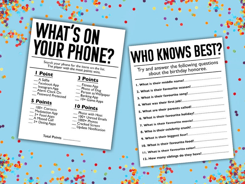May include: Two printable game cards for a birthday party. The first card is titled "What's on Your Phone?" and lists items to find on a phone for points. The second card is titled "Who Knows Best?" and lists questions about the birthday honoree.