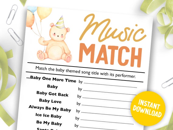 Music Match Printable Baby Shower Game || Lyric Song Digital Baby Shower  Games Download Teddy Bear | Boy Party Games || Yellow Bear Theme