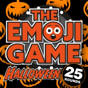 Könnte beinhalten: Das Emoji-Spiel Halloween-Edition mit 25 Runden, mit schwarzem Hintergrund, orangefarbenen Kürbissen und dem Text "The Emoji Game" in weißen und orangefarbenen Buchstaben.