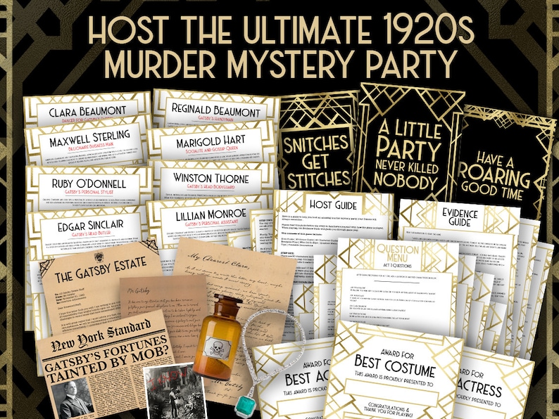 Puede incluir: Un juego de misterio de asesinato de la d&eacute;cada de 1920 con un dise&ntilde;o art d&eacute;co en oro y negro. El juego incluye tarjetas de personajes, una gu&iacute;a para el anfitri&oacute;n, una gu&iacute;a de evidencia, un men&uacute; de preguntas y tarjetas de premios para el mejor disfraz y la mejor actriz. El juego tambi&eacute;n incluye un recorte de peri&oacute;dico, una botella de veneno y un collar de perlas.