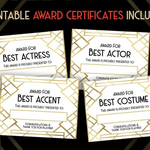 Puede incluir: Cuatro certificados de premio imprimibles con dise&ntilde;os geom&eacute;tricos dorados y blancos. Los certificados son para "Mejor Actriz", "Mejor Actor", "Mejor Acentos" y "Mejor Traje".