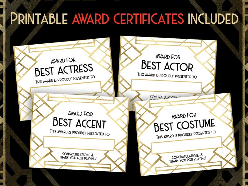 Puede incluir: Cuatro certificados de premio imprimibles con dise&ntilde;os geom&eacute;tricos dorados y blancos. Los certificados son para "Mejor Actriz", "Mejor Actor", "Mejor Acentos" y "Mejor Traje".